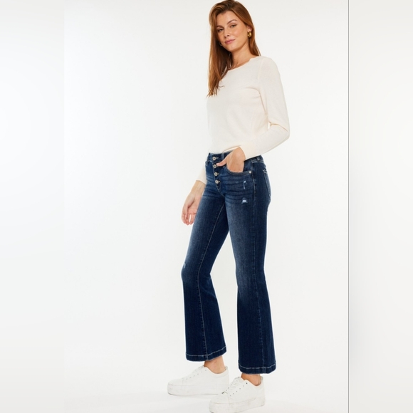 KanCan Mid-Rise Jeans Slim Fit Tapered Flare Button Fly Distressed Denim Pants - Picture 9 of 13